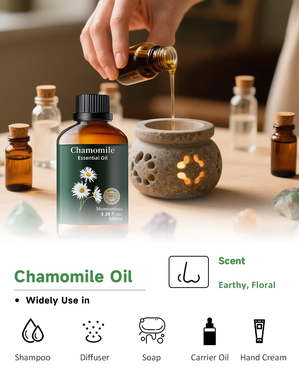 Chamomile oil added to warm bath for relaxation