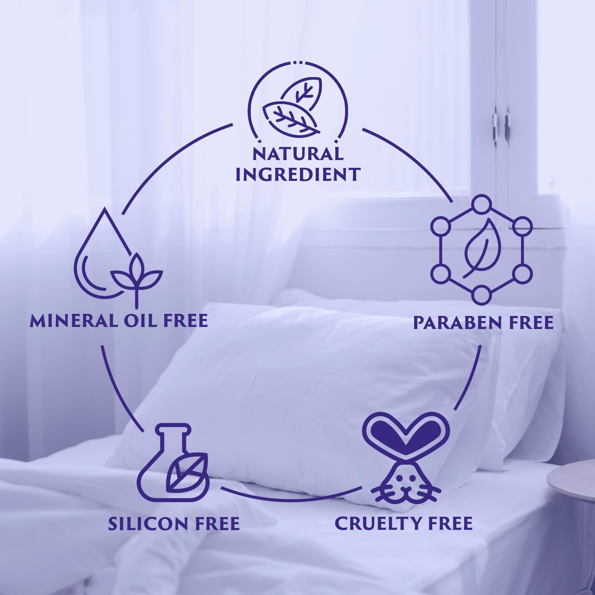 Calm bedroom scene with sleep spray on nightstand