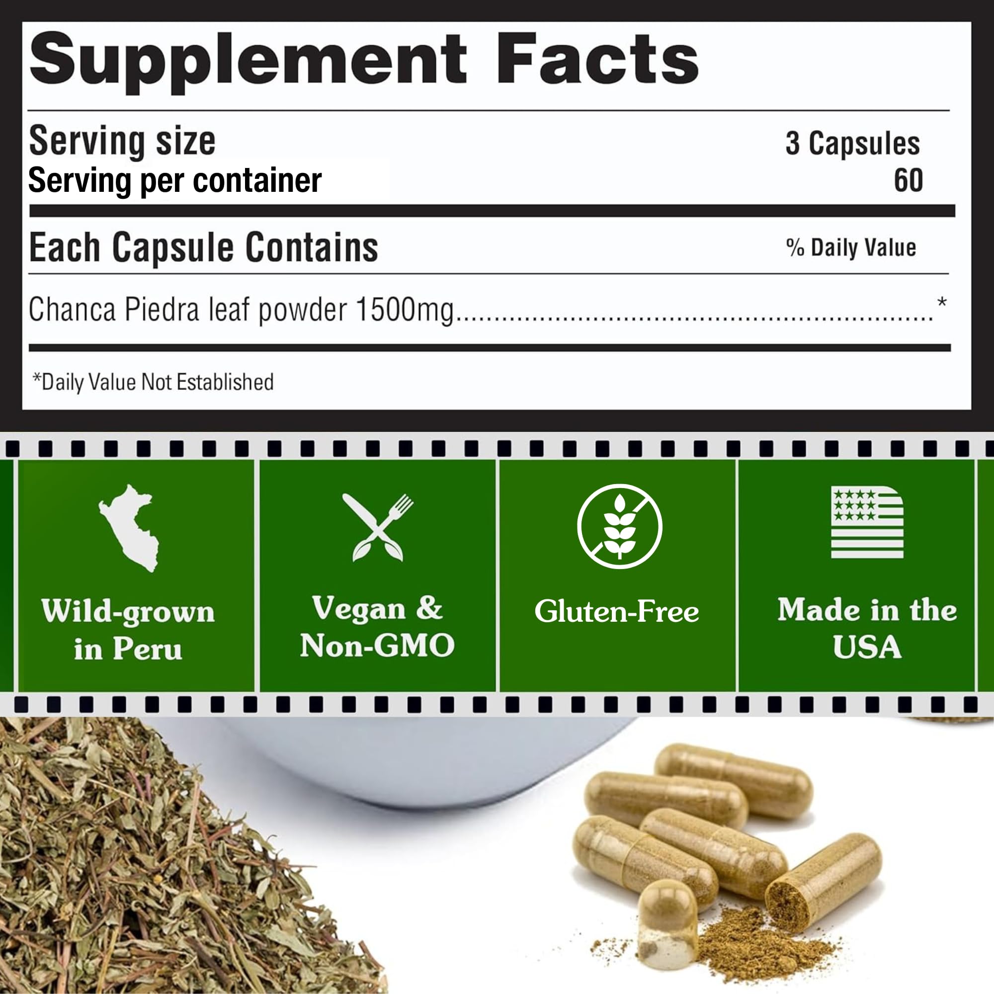 Chanca Piedra kidney stone dissolver 1500mg per serving label