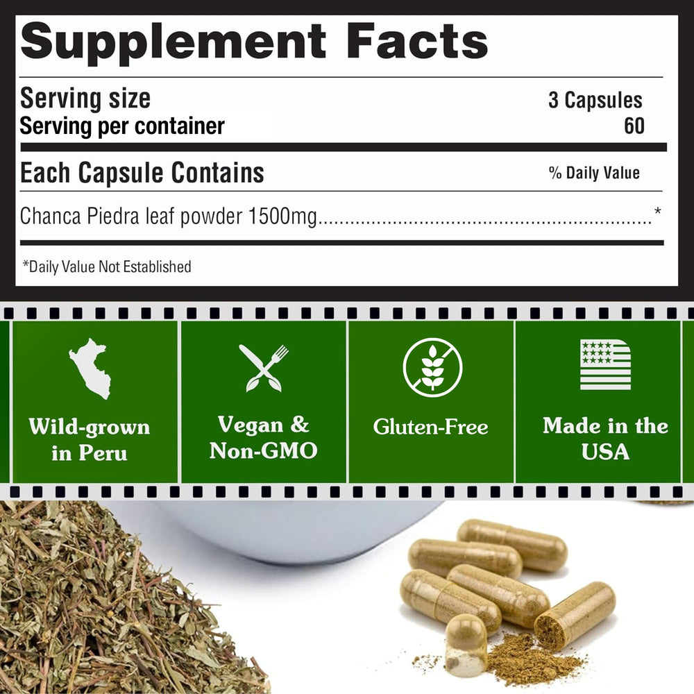 Chanca Piedra kidney stone dissolver 1500mg per serving label