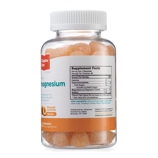 Close-up of peach-flavored magnesium gummies