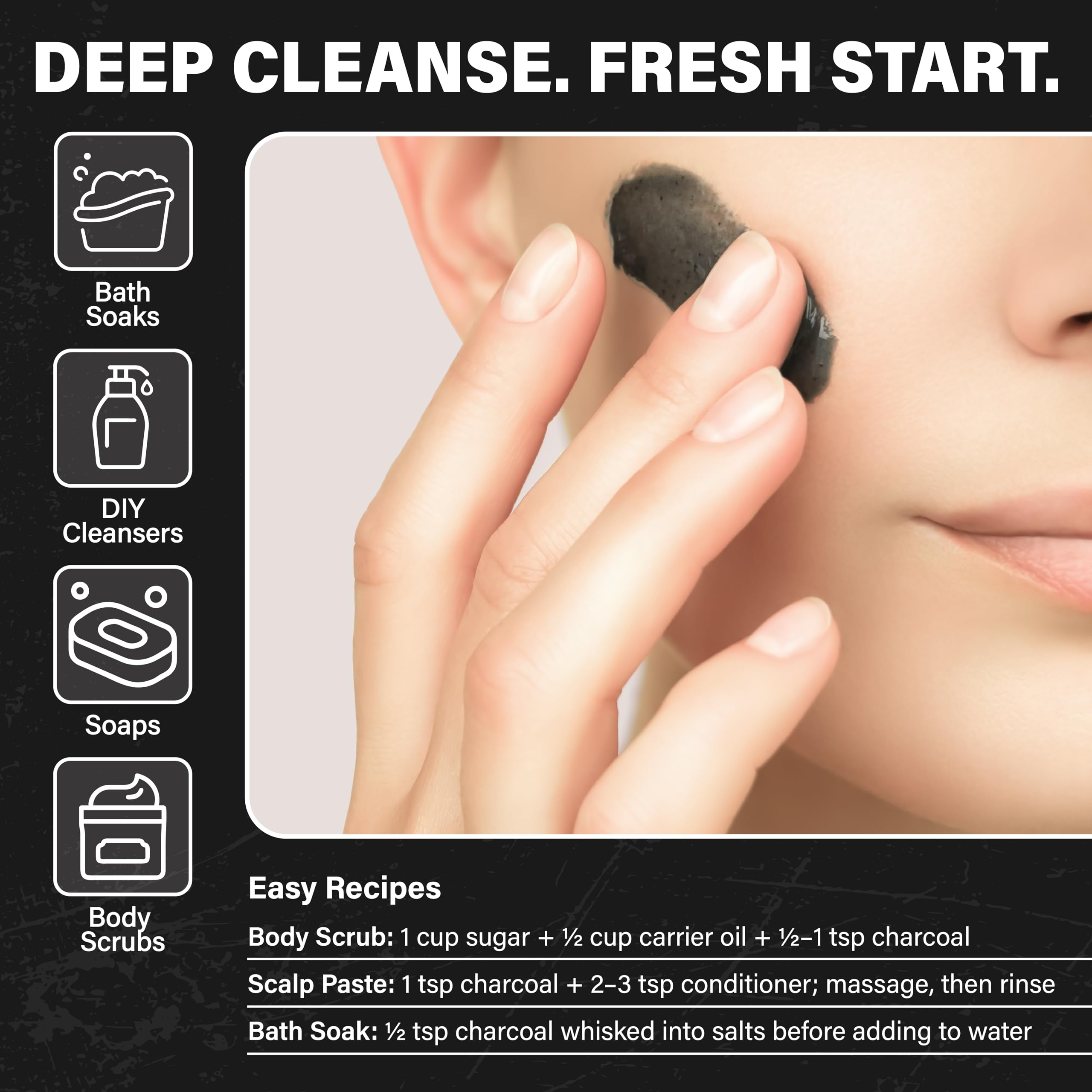 Concept image of charcoal powder for digestion detox
