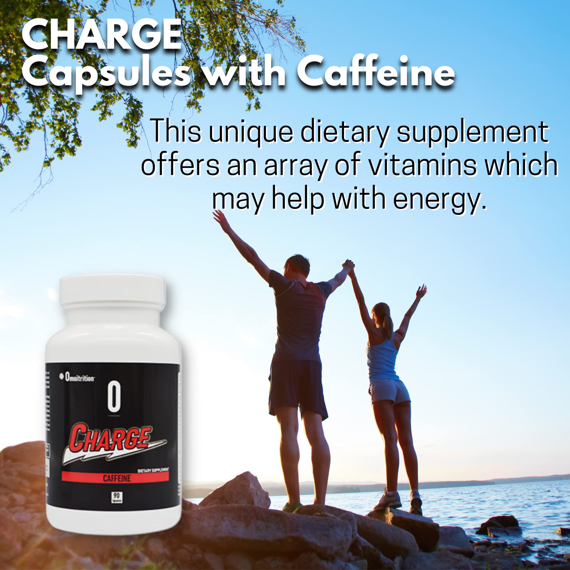 Graphic highlighting caffeine and energy benefits of Omnitrition Charge Capsules