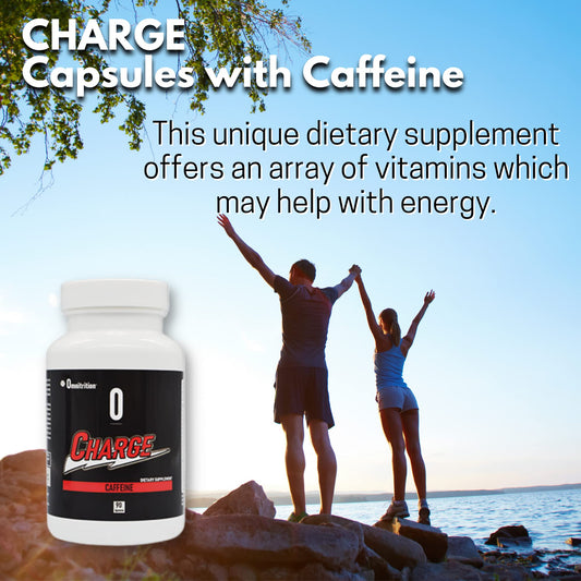 Graphic highlighting caffeine and energy benefits of Omnitrition Charge Capsules