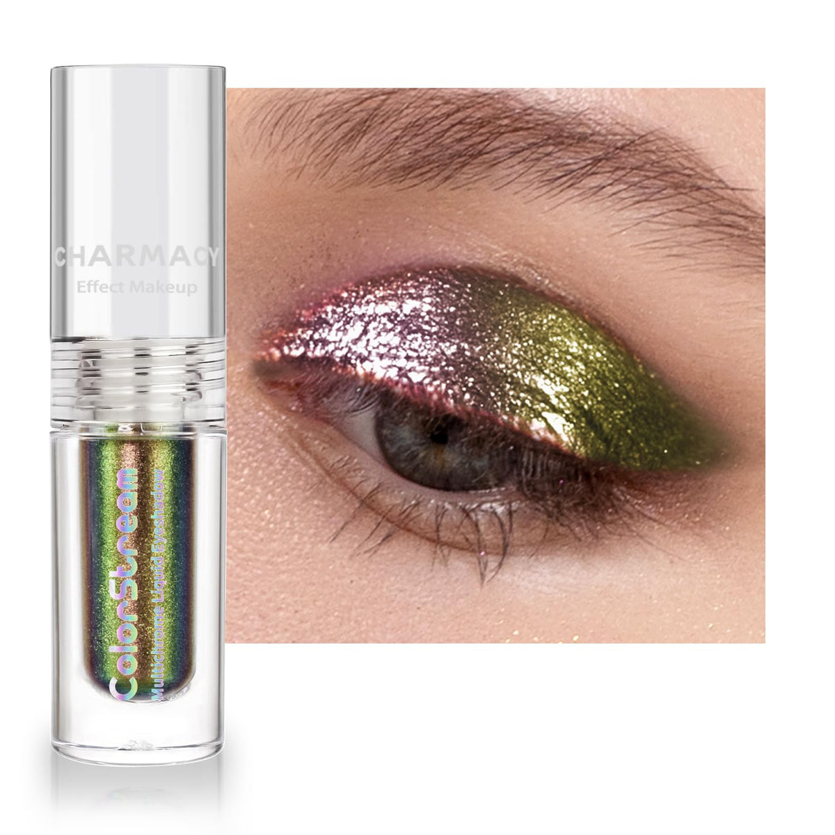 CHARMACY liquid duochrome eyeshadow bottle with applicator showing vibrant color-changing shimmer.