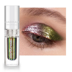 CHARMACY liquid duochrome eyeshadow bottle with applicator showing vibrant color-changing shimmer.