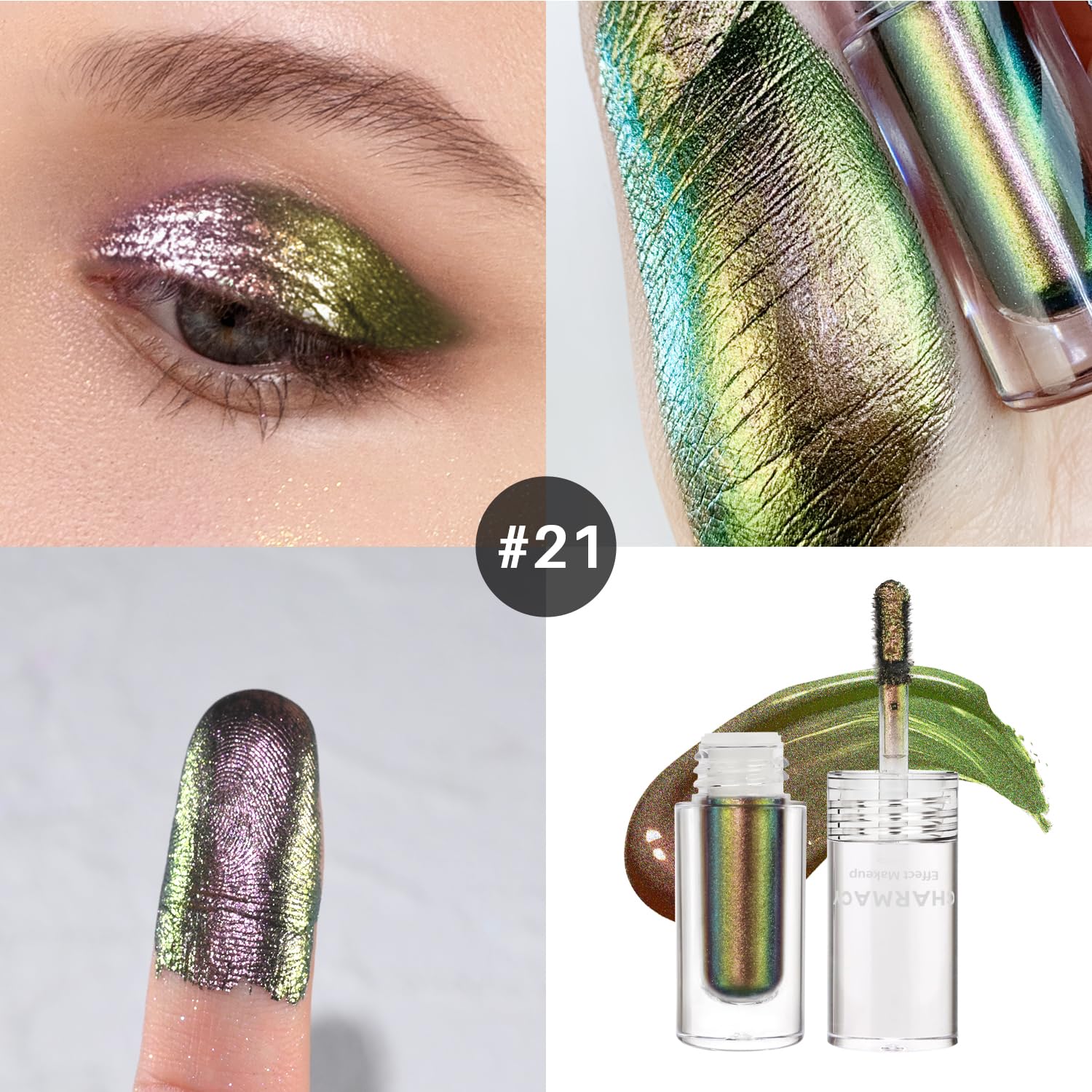 Swatches reveal three-tone multichrome finish for dynamic eye looks.