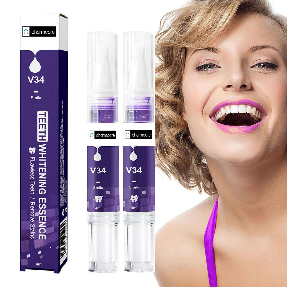 CharmCare Teeth Whitening Gel Pen (2pcs) with purple color-corrector cartridge