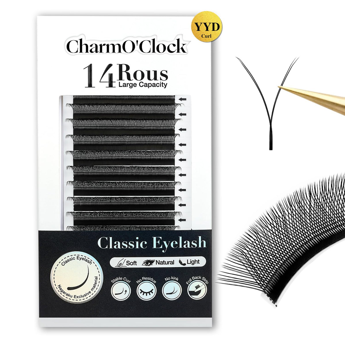CHARMO'CLOCK premium YY D 13mm lash extensions for dramatic volume and bold looks.