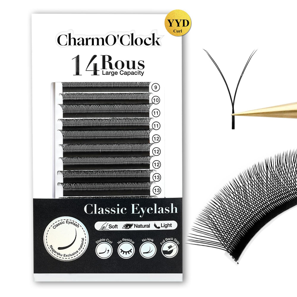 CharmO'clock YY D Curl volume lashes, 8-16mm mixed lengths for faster applications.
