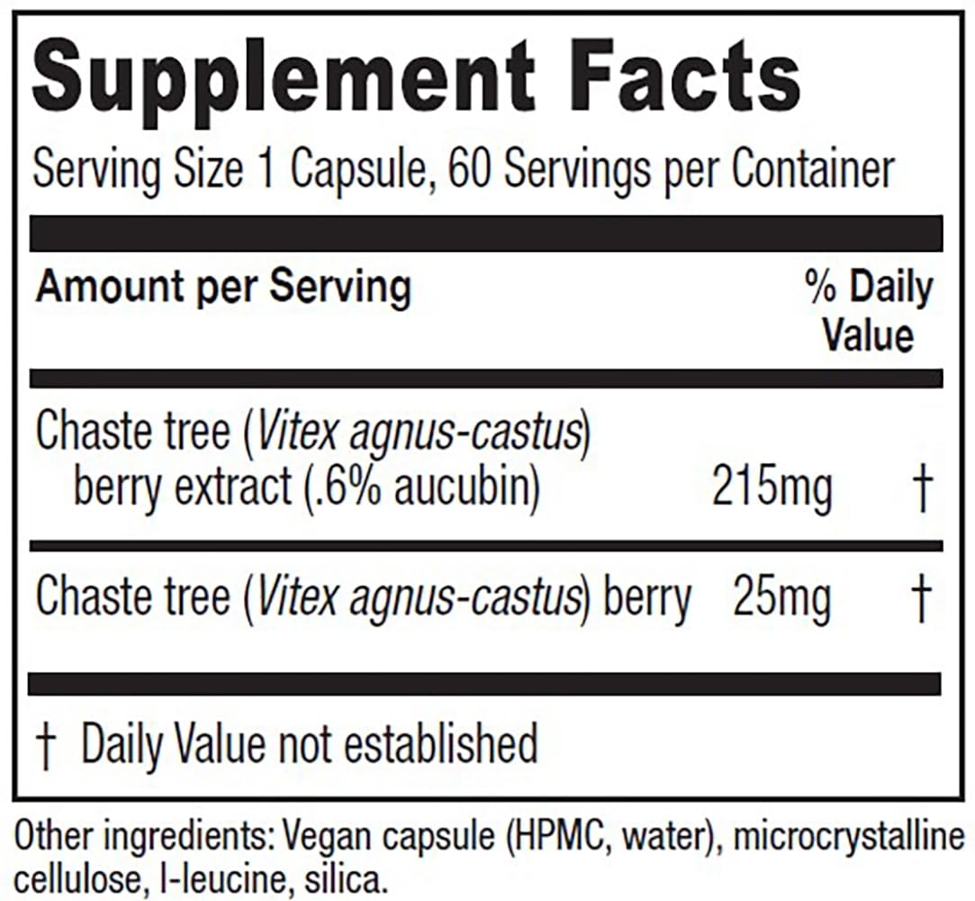 Non-GMO and vegan label on chaste tree berry supplement packaging