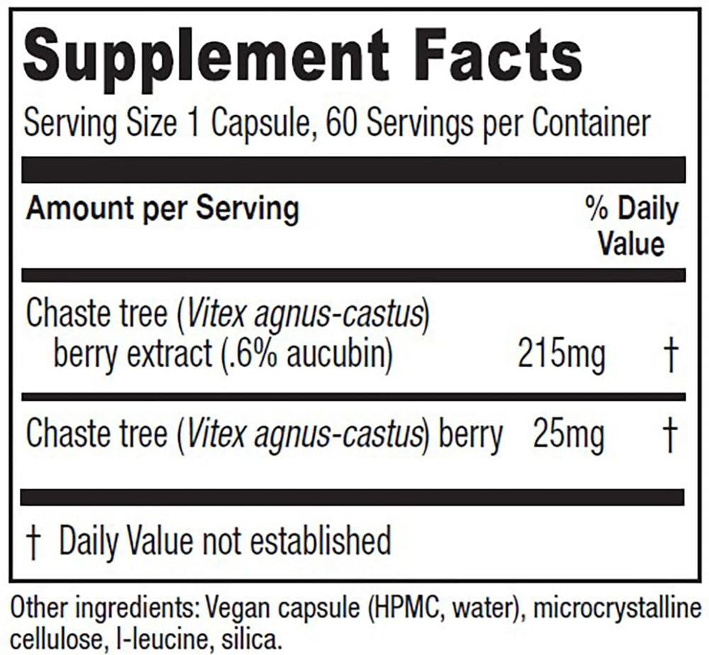 Non-GMO and vegan label on chaste tree berry supplement packaging