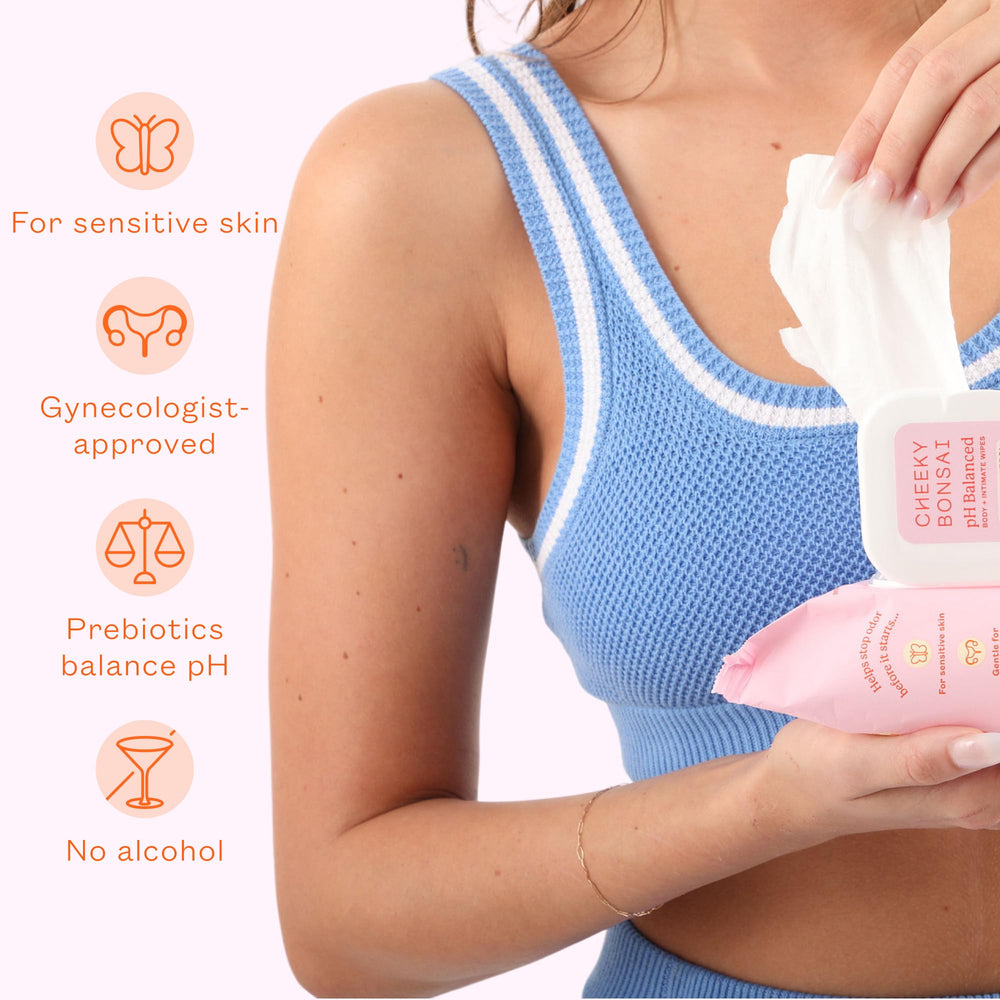 Cheeky Bonsai pH-balanced wipes—hypoallergenic and gynecologist-approved for sensitive skin