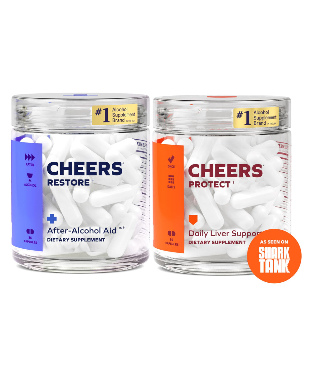 Cheers Liver Combo bottle front showing post-drink support option.