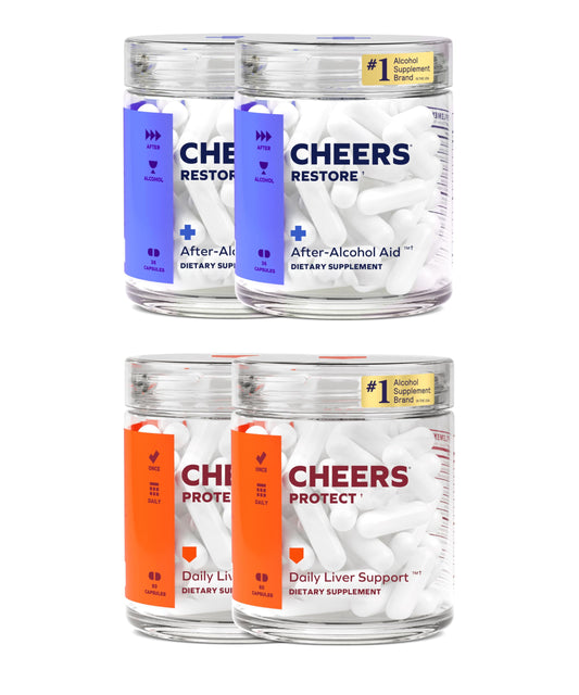Cheers Liver Combo Restore capsules shown with bottle, post-drinking support in action.