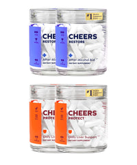 Cheers Liver Combo Restore capsules shown with bottle, post-drinking support in action.