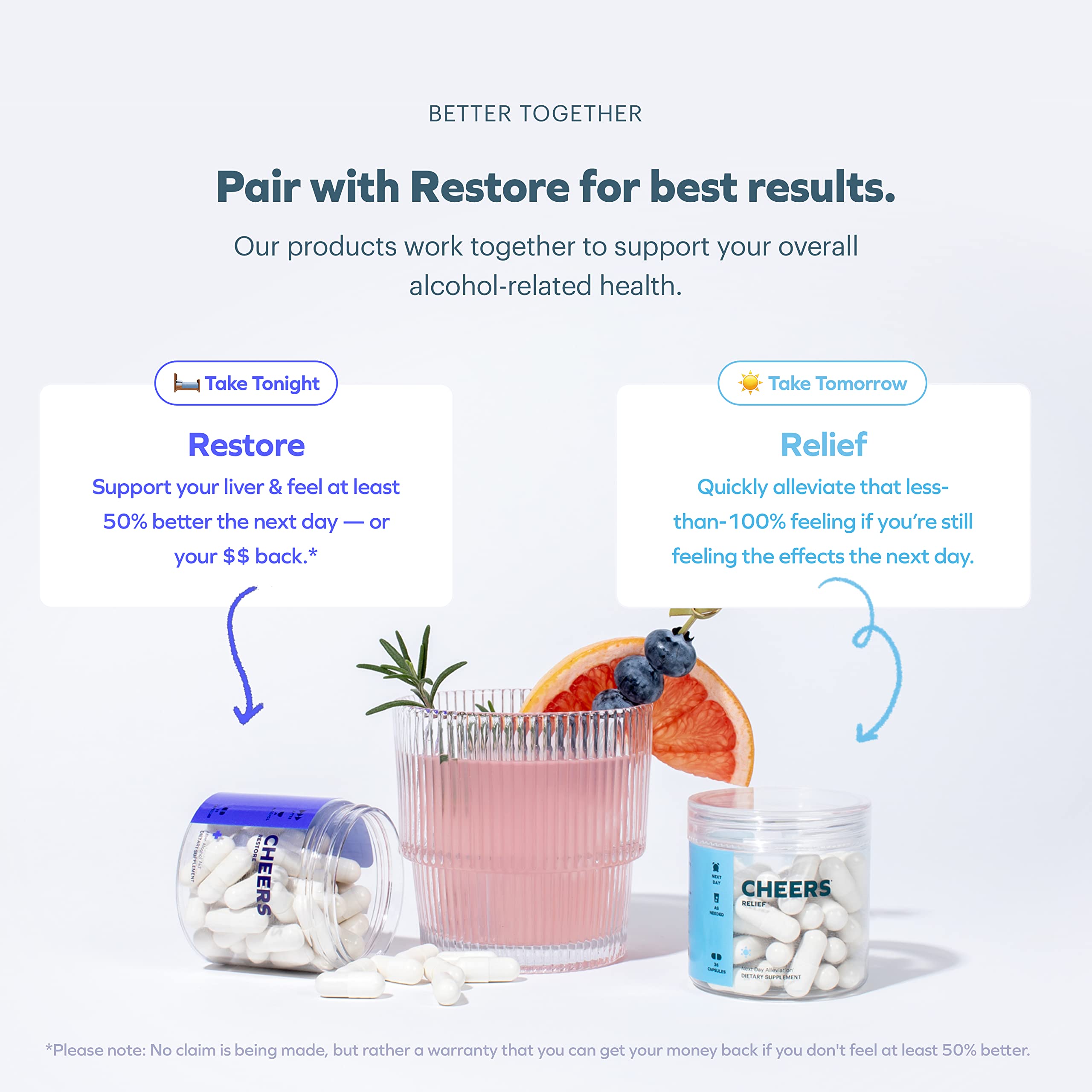 Cheers Relief 36-dose bottle ready for responsible celebration routines.