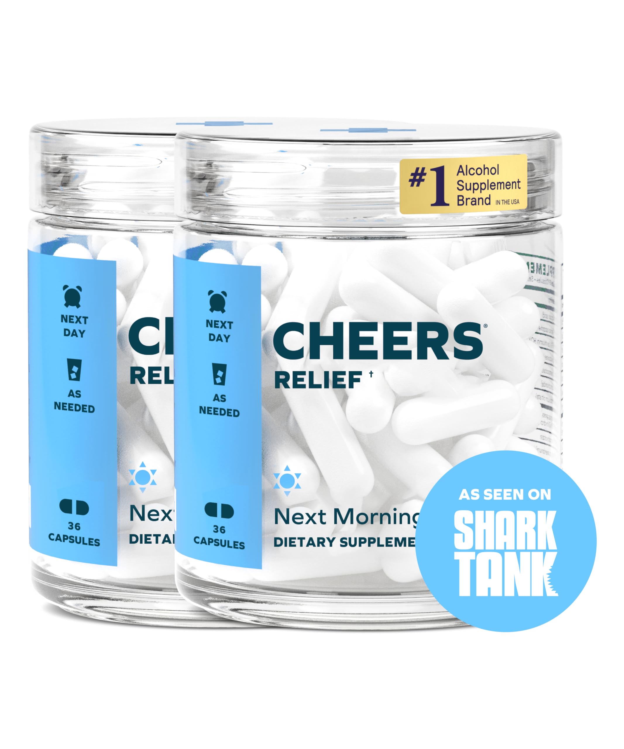 Cheers Relief bottle and capsules for a smoother morning after social drinking.