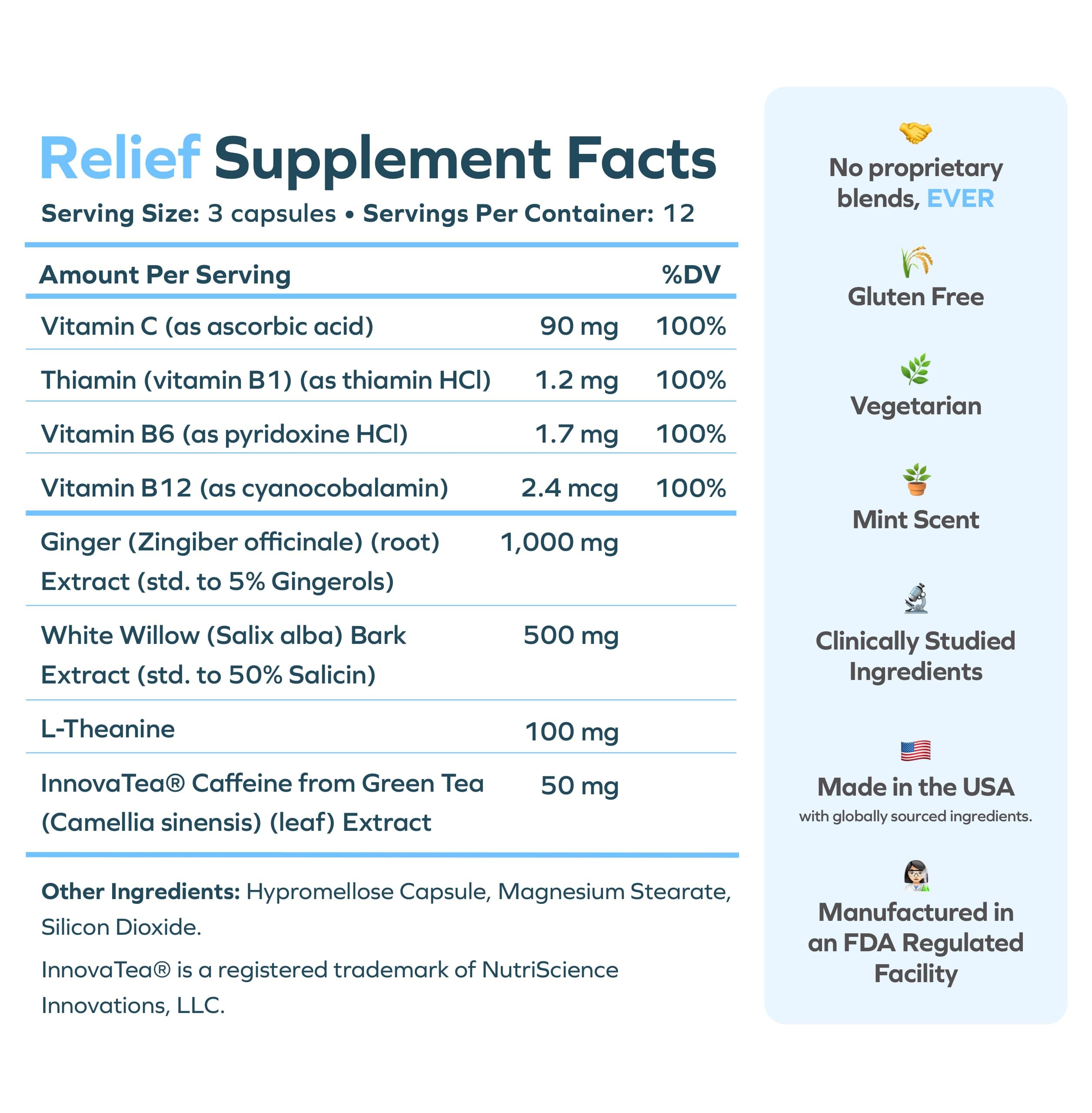 Cheers Relief showing caffeine for gentle daytime energy after drinking.