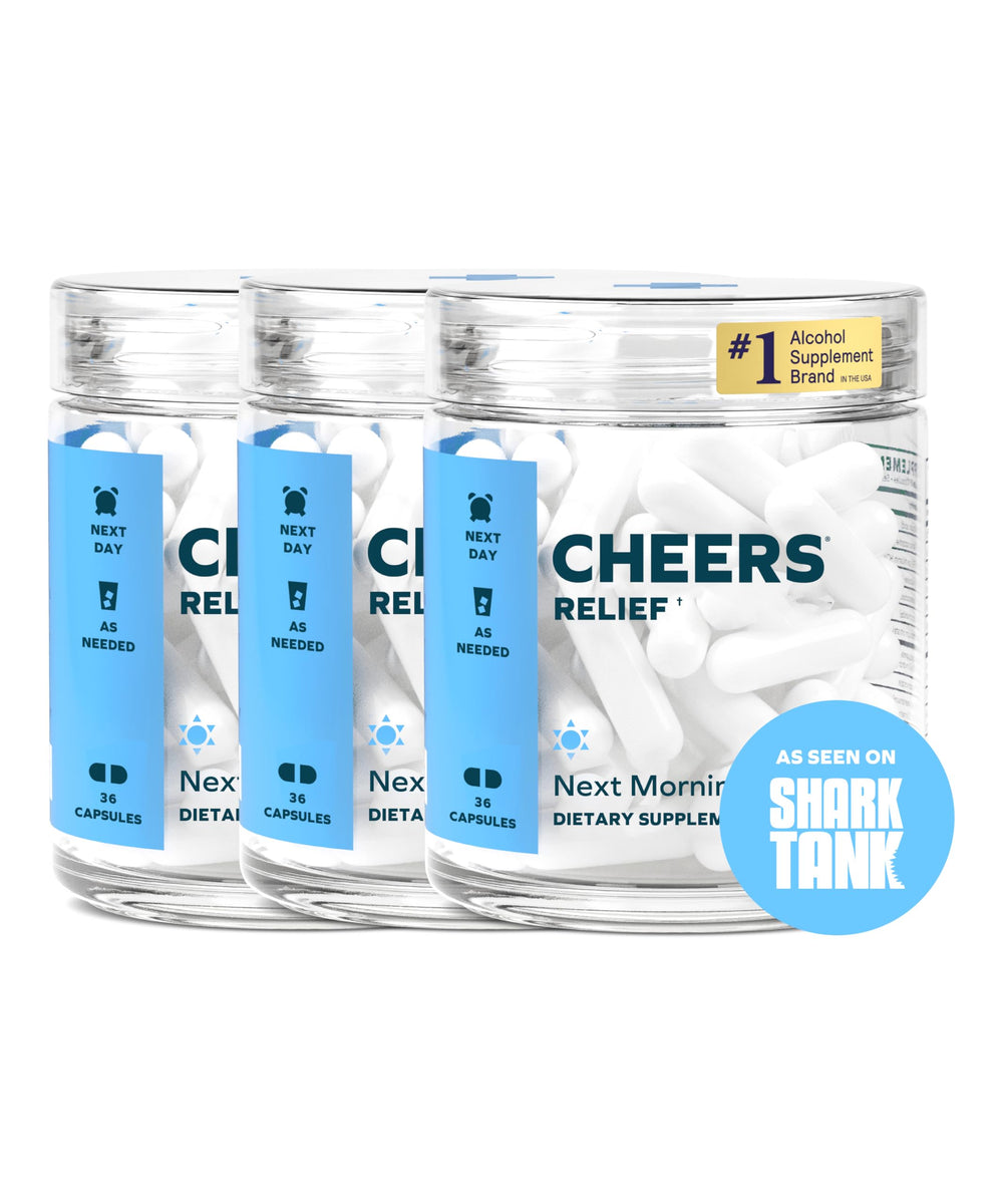 Cheers Relief bottle with ginger capsules for a smoother next-morning recovery.