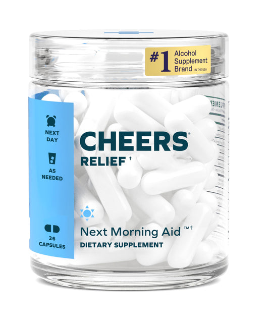 Pack shot of Cheers Relief 12-dose bottle