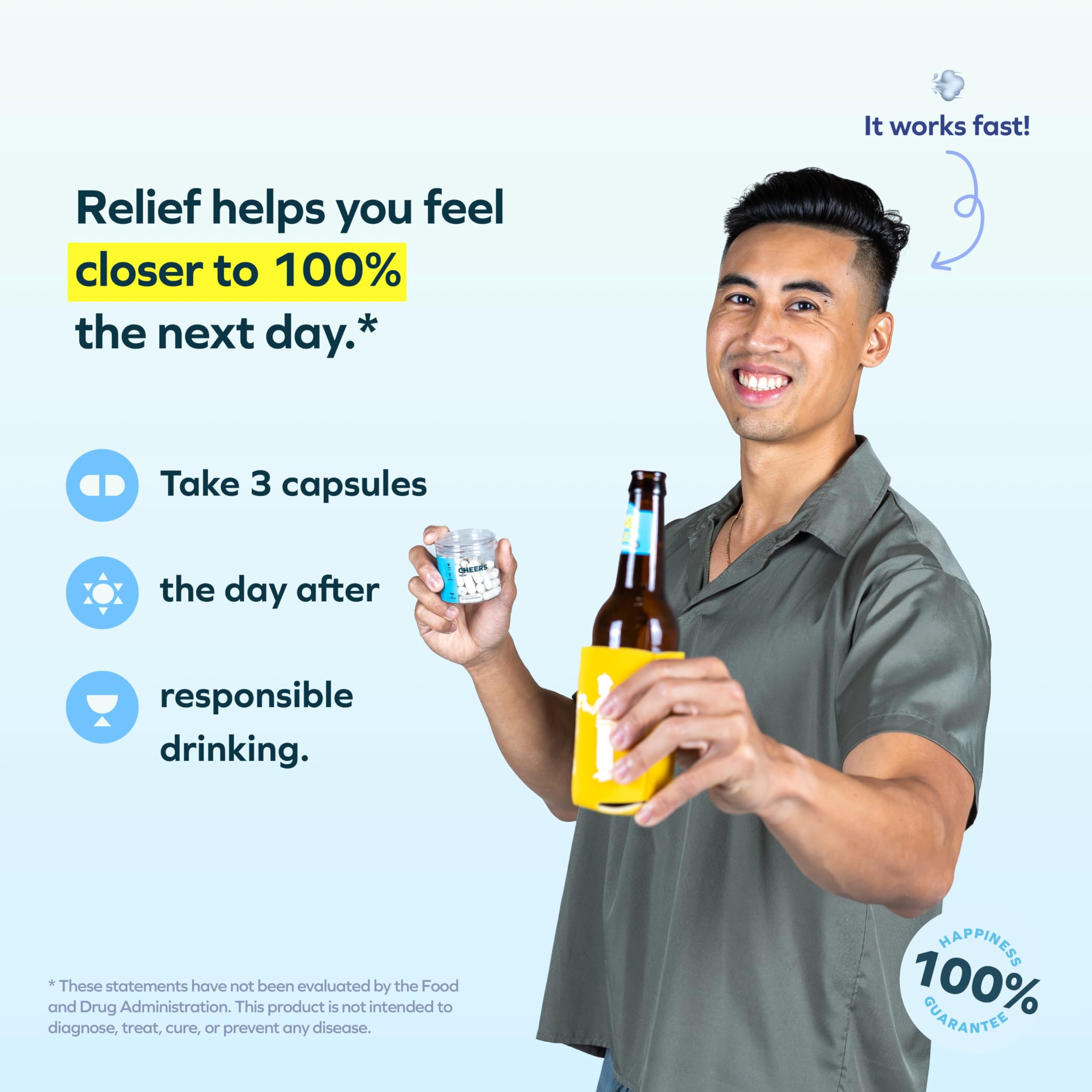 Cheers Relief white willow bark capsule supports daytime comfort after drinking.