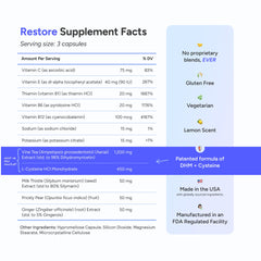 Cheers Restore bottle beside fresh ginger signaling natural flavor and soothing ritual
