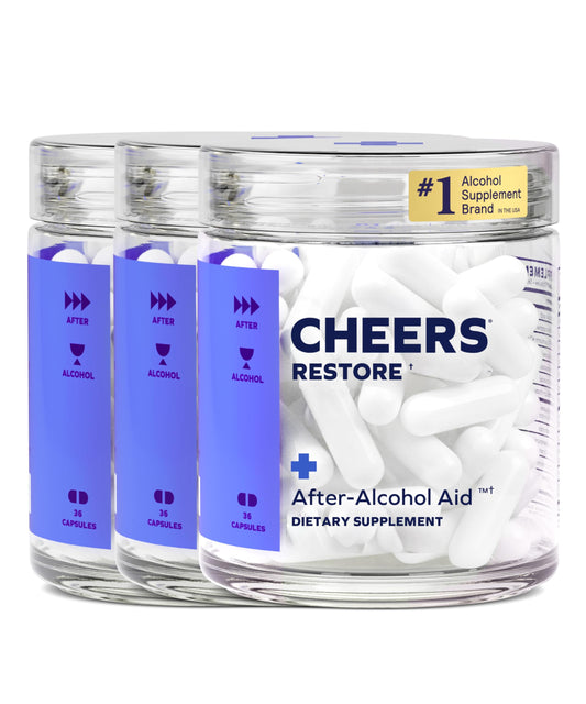 Cheers Restore bottle and label showcasing patent-backed formula for post-drinking support.
