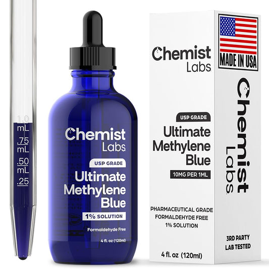 Front view of Chemist Labs 1% Methylene Blue Drops 4oz bottle