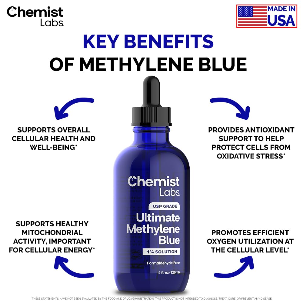 Close-up of Methylene Blue label showing USP and 99% purity