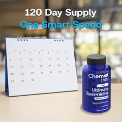 Lifestyle scene with a glass of water and spermidine bottle