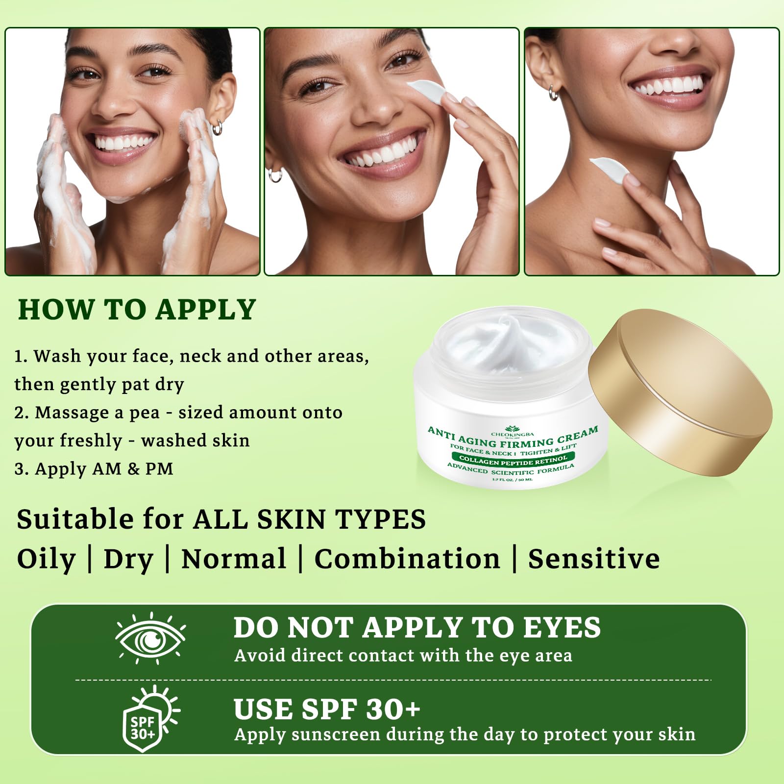 CHEOKINGBA Firming cream texture close-up shows smooth, fast-absorbing consistency.