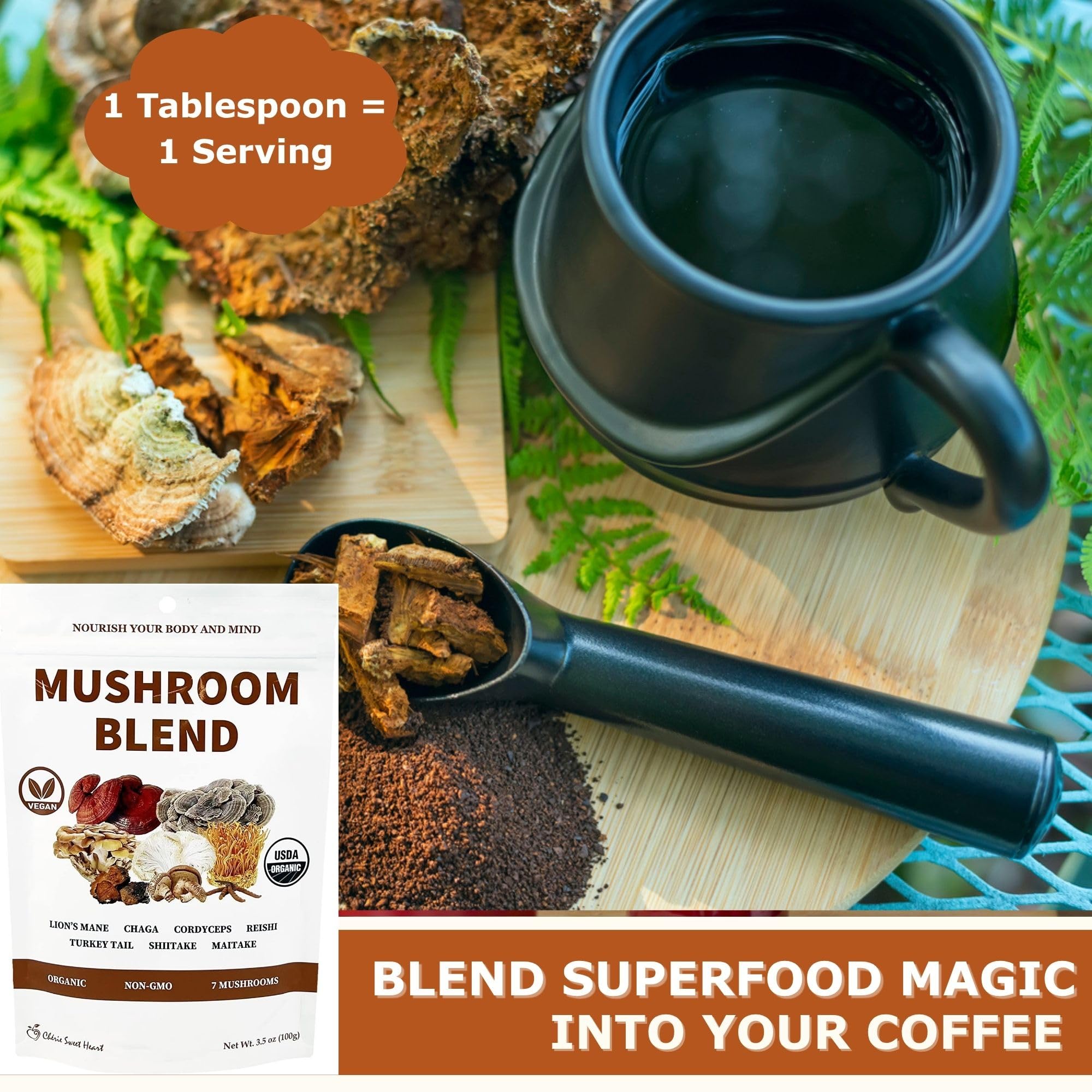Powder being added to a beverage for serving Cherie Sweet Heart 7 Mushroom Extract Powder