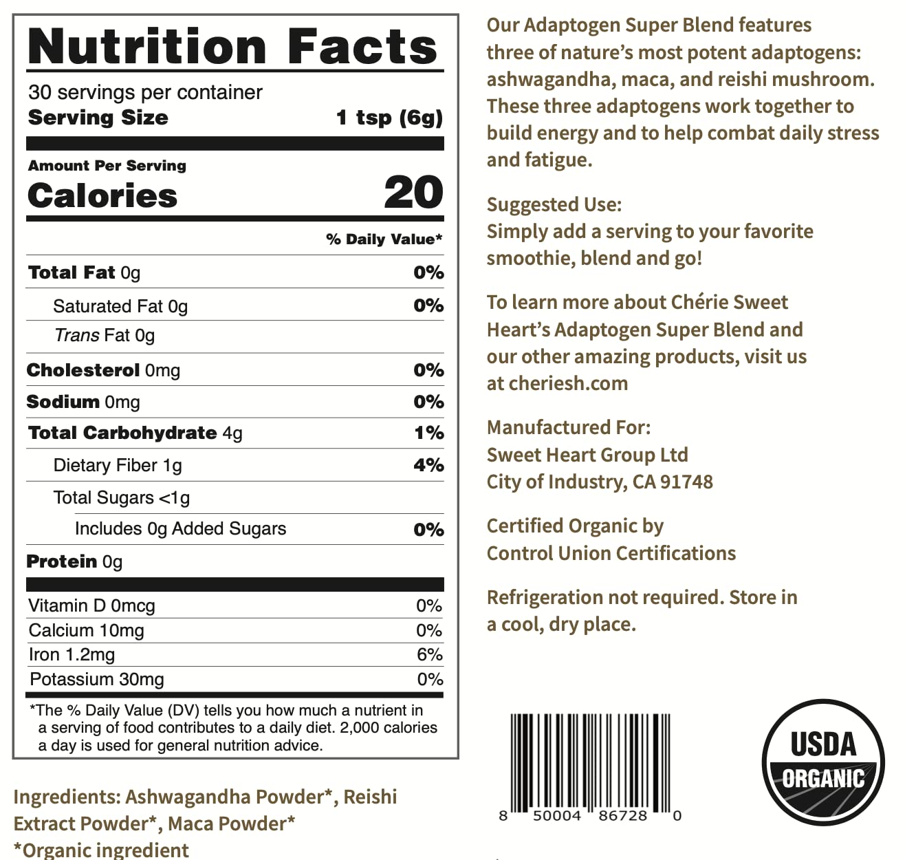 Ingredients show organic maca, reishi mushroom, and ashwagandha for the Adaptogen Super Blend