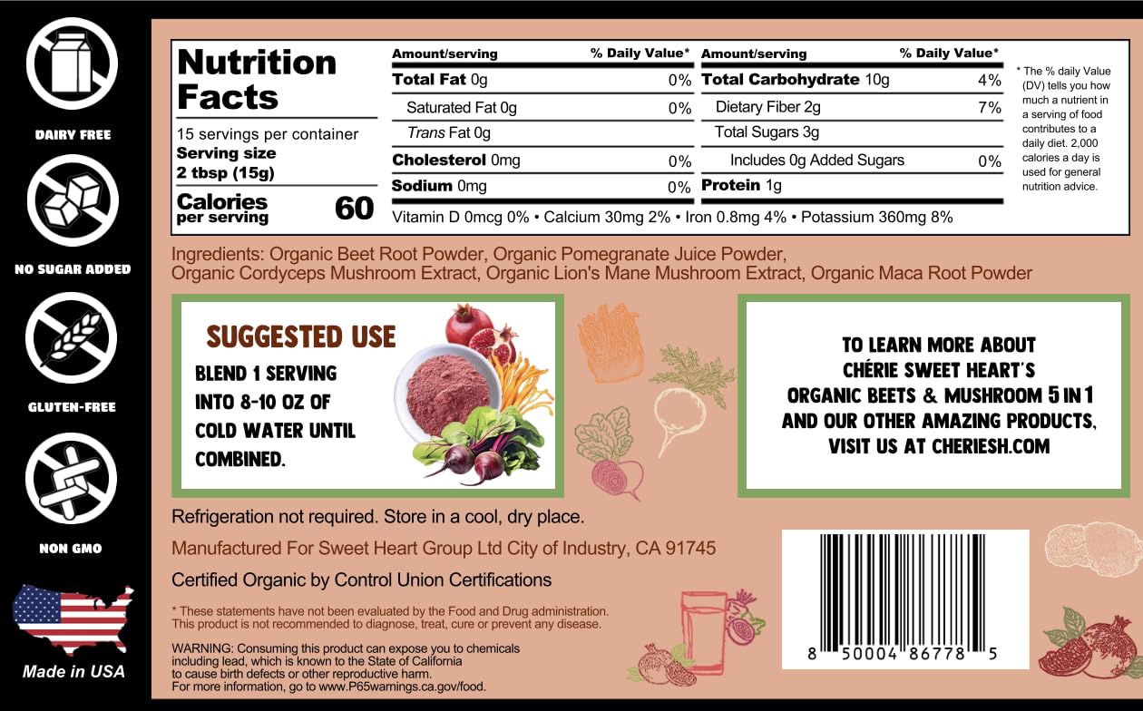 Beet root powder with pomegranate and functional mushrooms including cordyceps and lion's mane