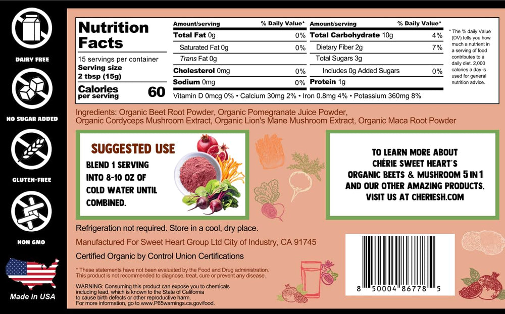 Beet root powder with pomegranate and functional mushrooms including cordyceps and lion's mane