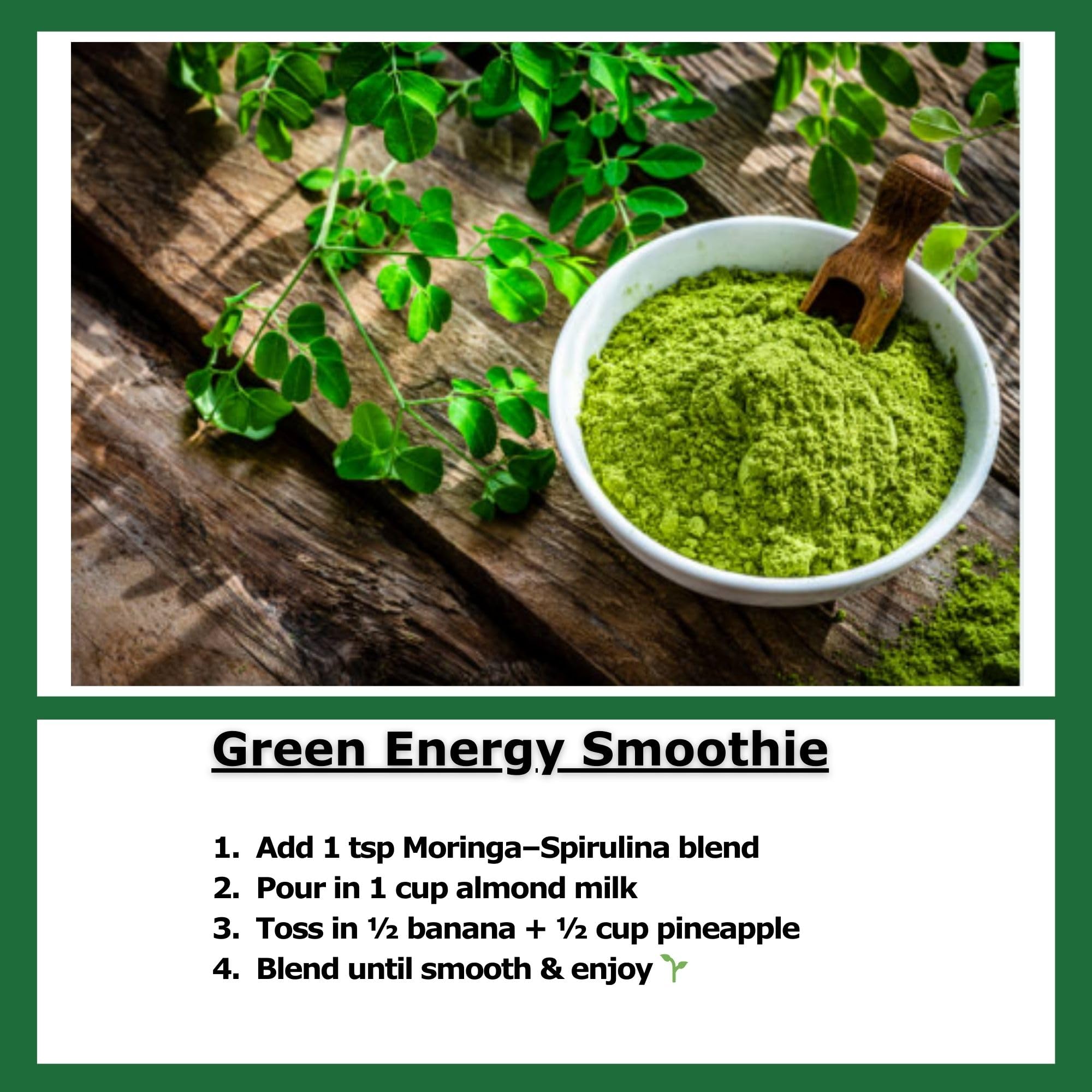 Ingredients: moringa leaf powder, spirulina, agave inulin, monk fruit