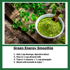 Ingredients: moringa leaf powder, spirulina, agave inulin, monk fruit