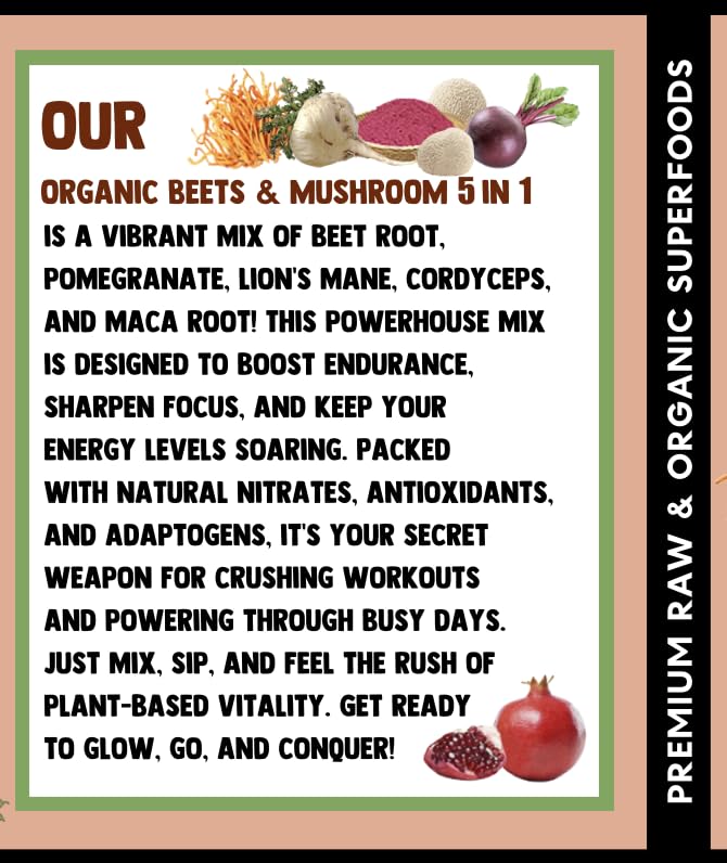 Serving suggestion showing Cherie Sweet Heart Beets & Mushroom 5 in 1 powder mixed in water