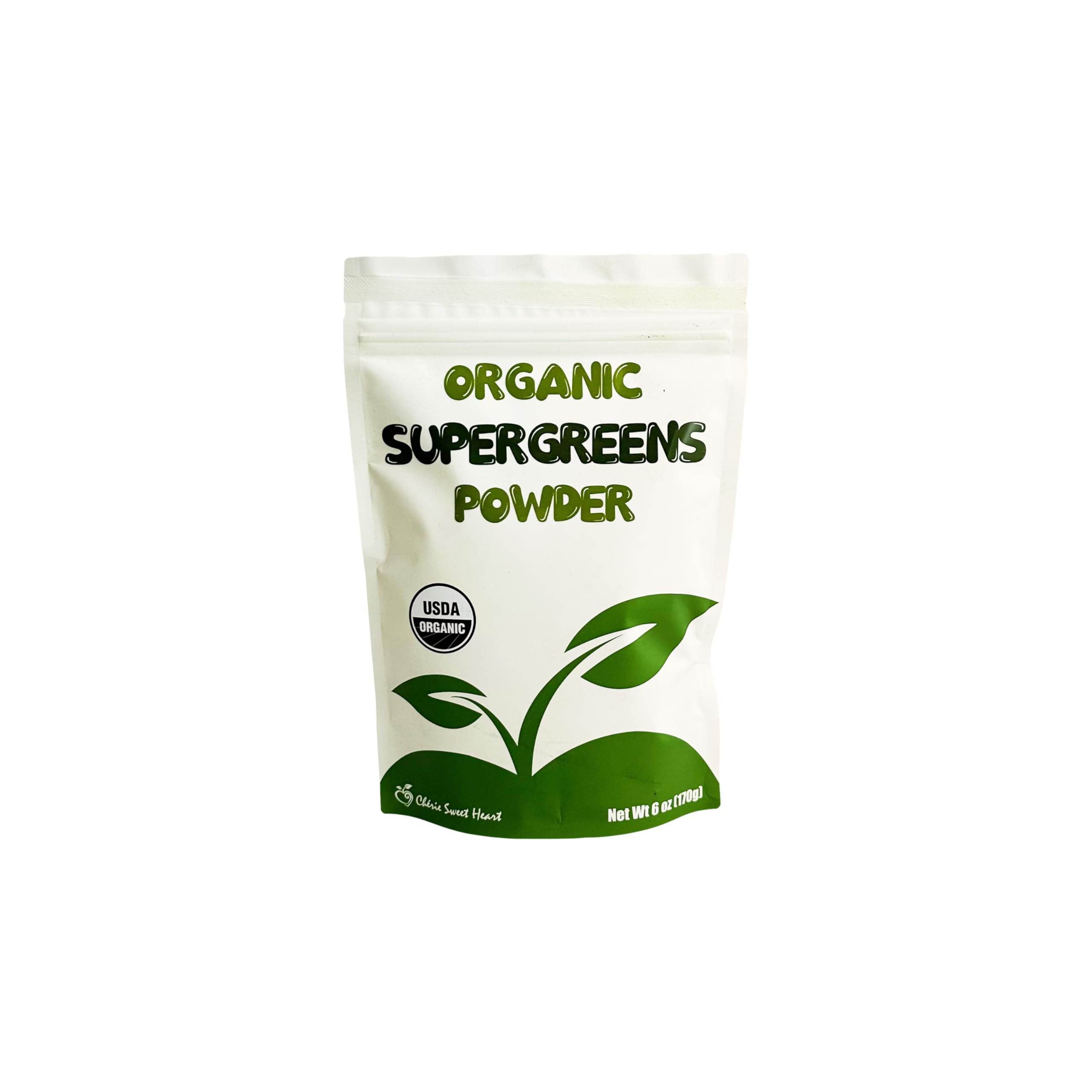 Cherie Sweet Heart Supergreens Powder container with scoop on white background