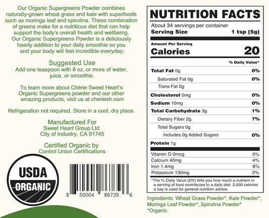 Close-up of Cherie Sweet Heart Supergreens Powder ingredients: wheat grass, kale, moringa, spirulina