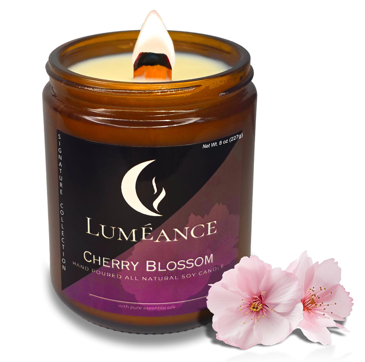 Close-up of cherry blossom candle with crackling wood wick
