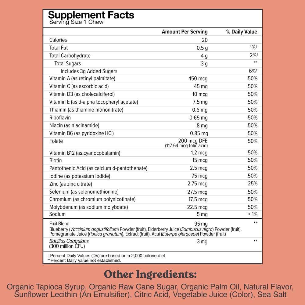 Close-up of Chewsy Kids Multivitamin Wild Berry chew