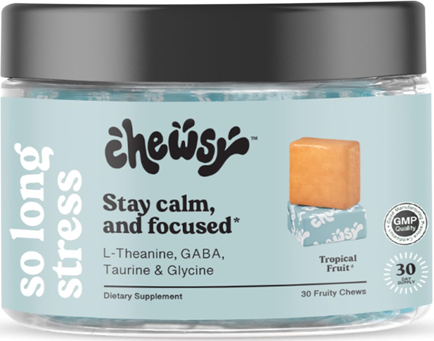 Chewsy So Long Stress bottle with tropical fruity chews