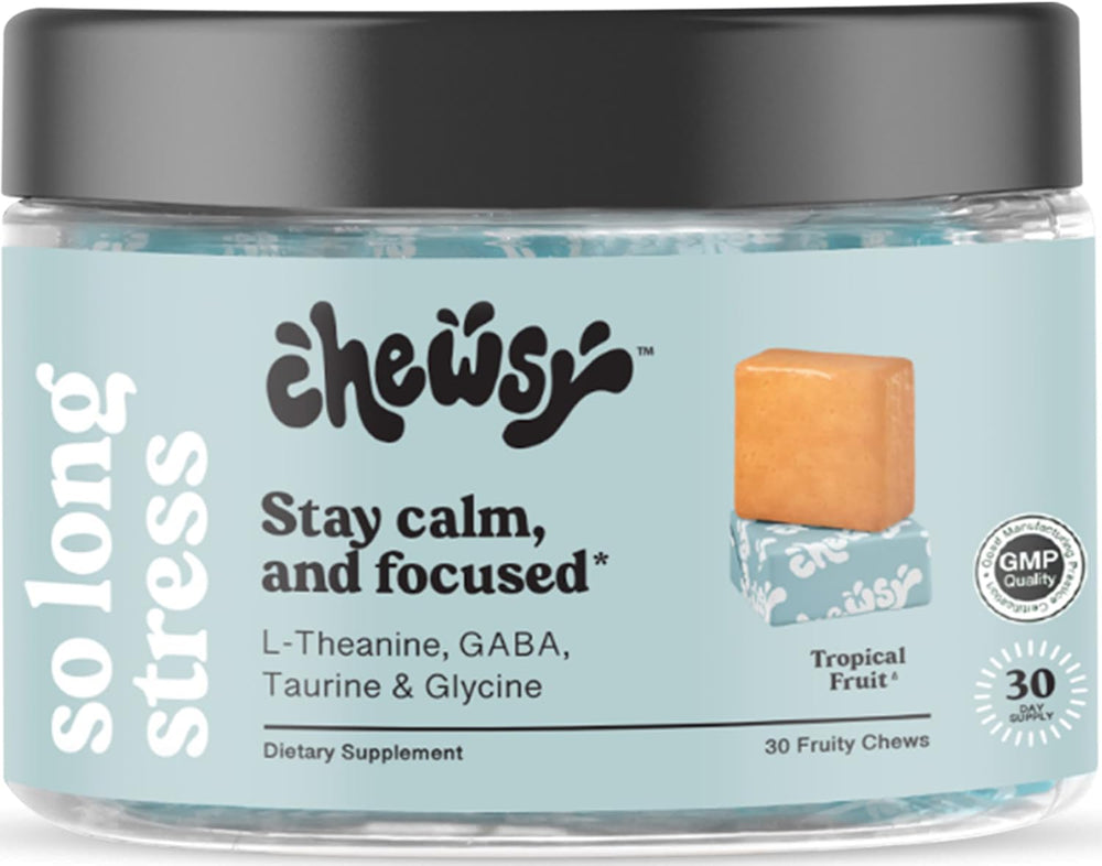 Chewsy So Long Stress bottle with tropical fruity chews