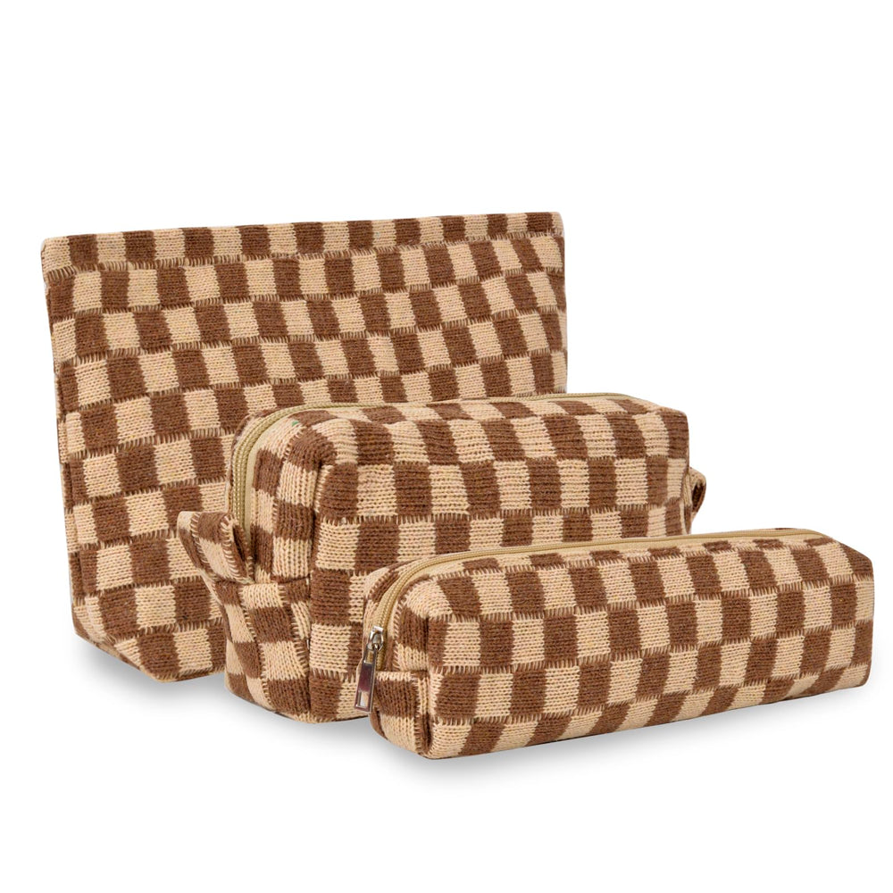 ChezMax checkered makeup bag set displayed for organized travel storage