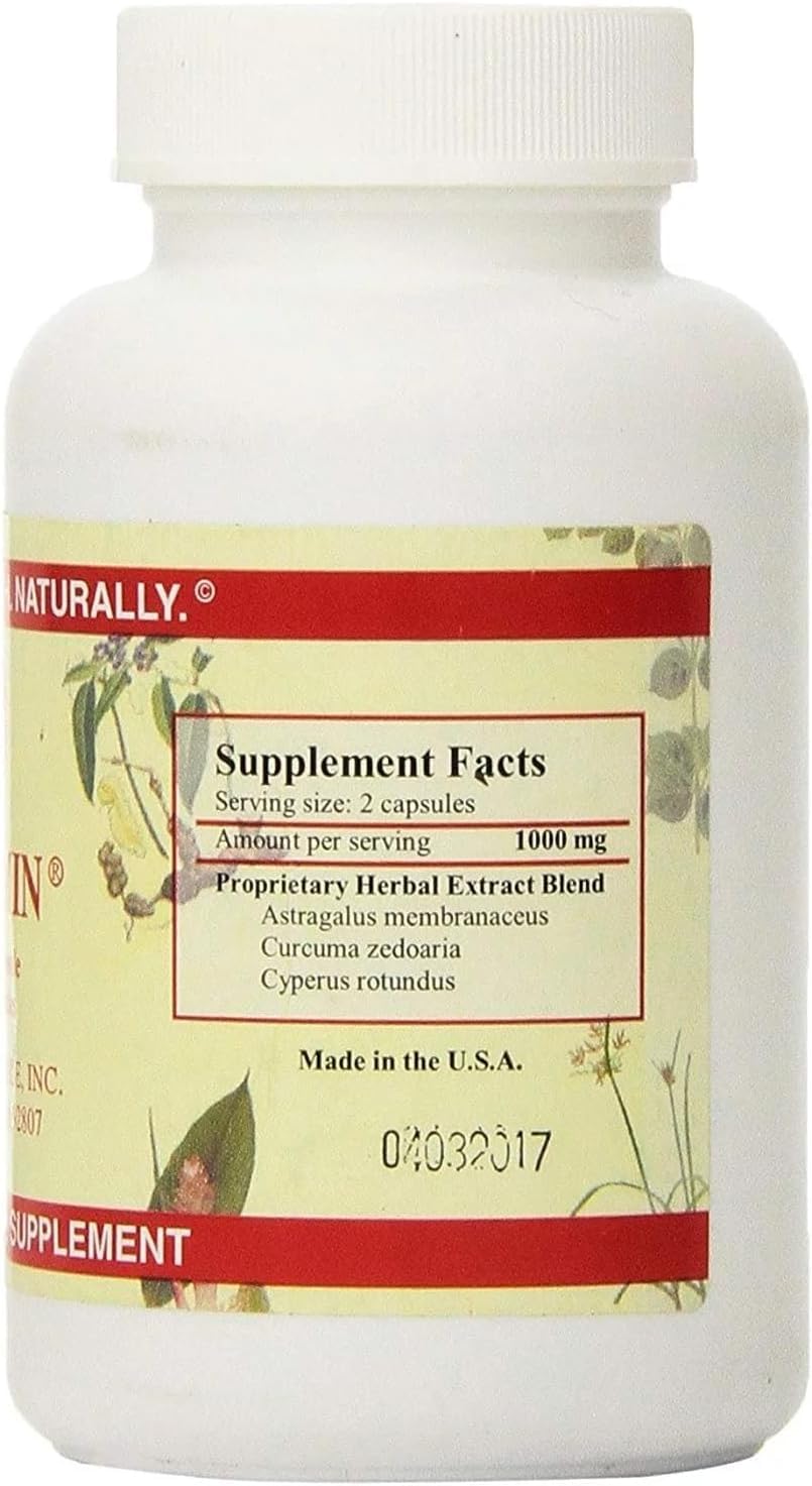 Herbal supplement bottle featuring traditional ingredients