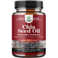 Bottle of chia seed oil capsules on white background