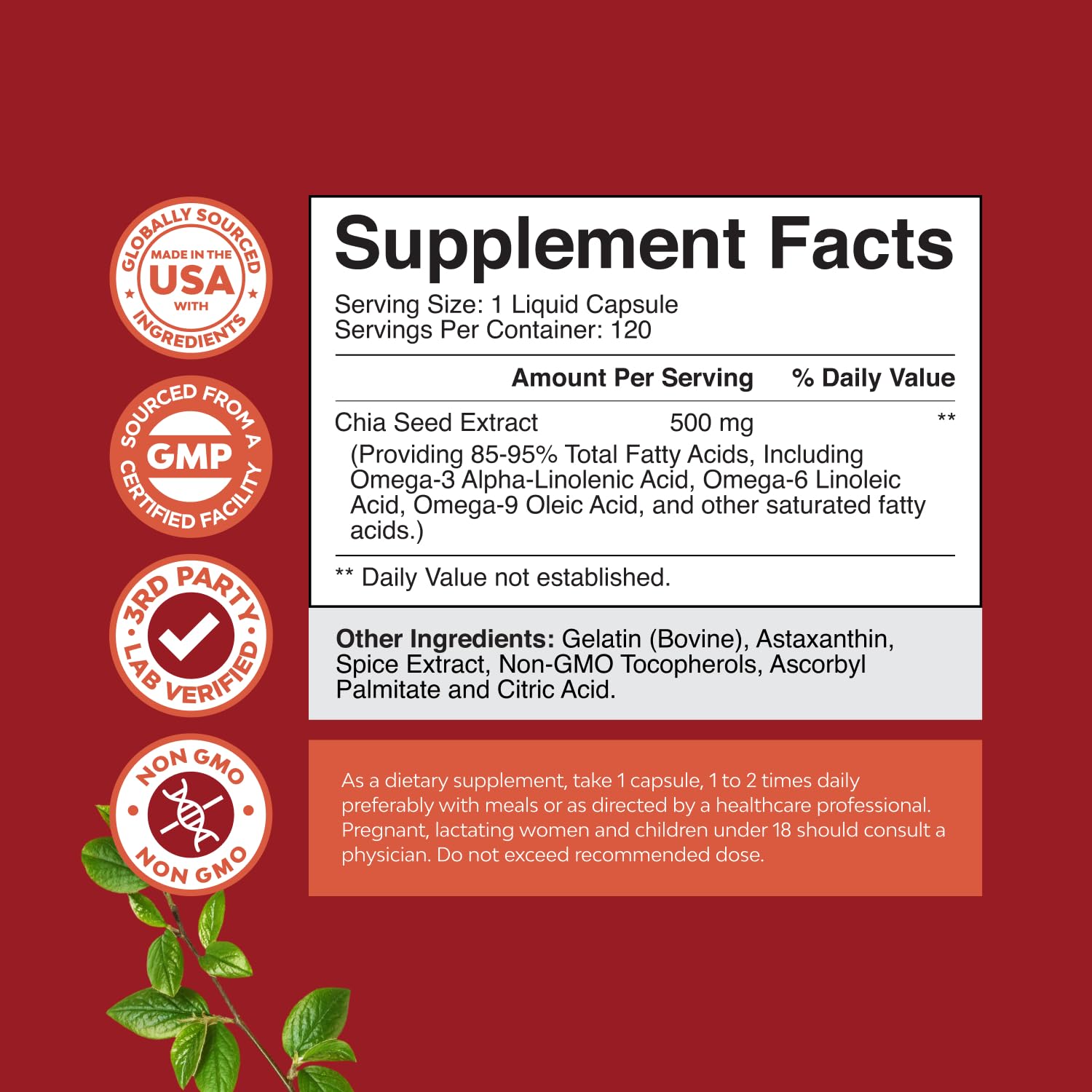 Chia seed oil capsules packaging front view