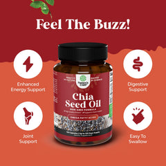 Close-up of chia seed oil capsules with label